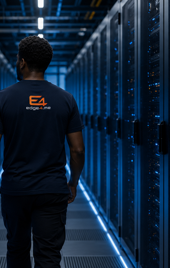 Edge4.me specialist walking through a data center cold aisle